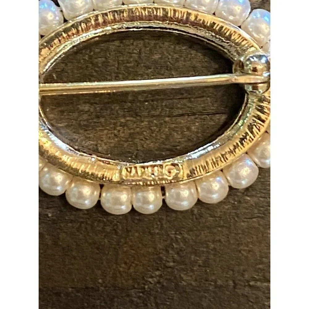 Vintage Napier Gold Tone Pearl Signed Oval Brooch Pin
